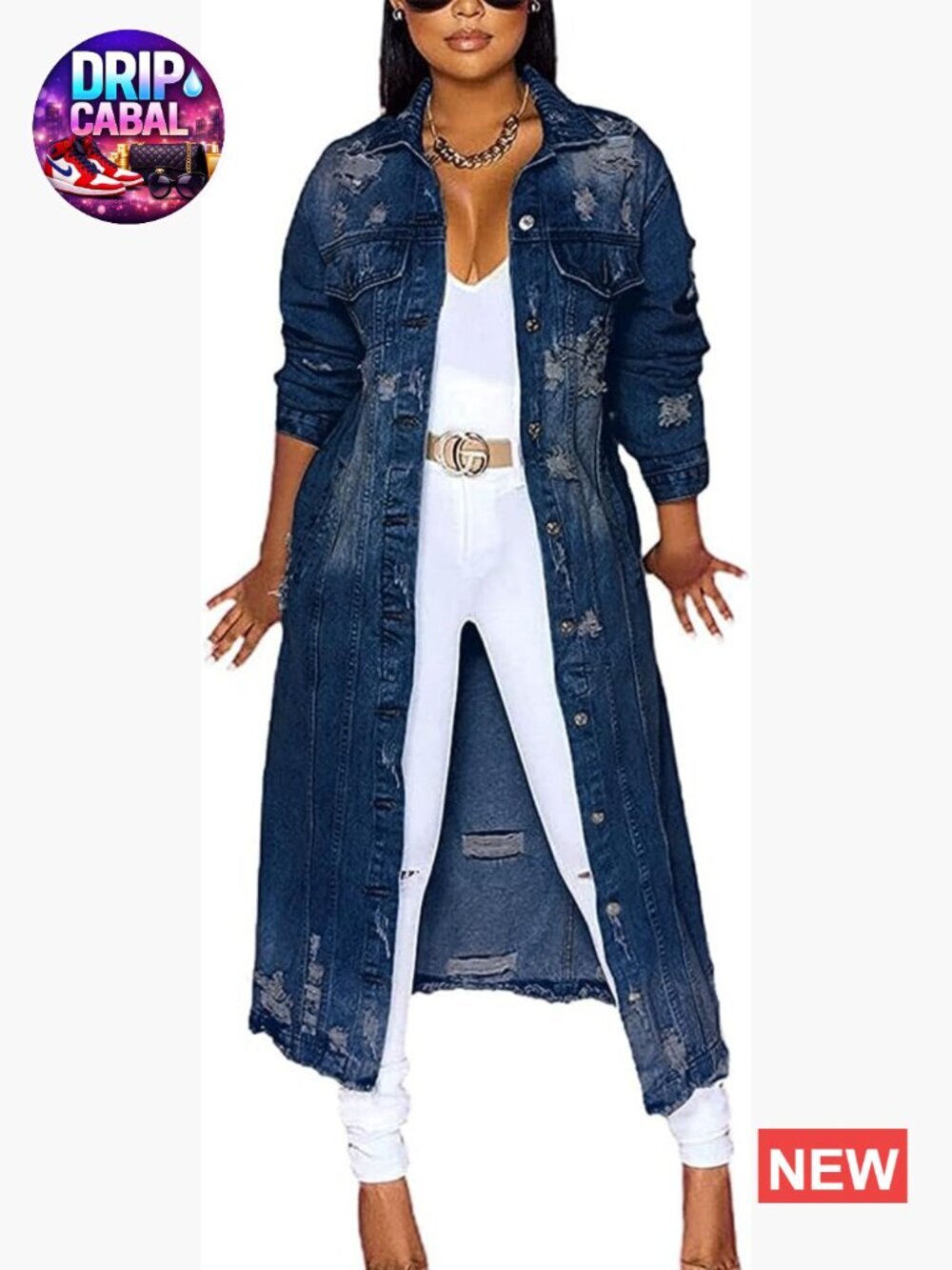 Distressed Ripped Denim Trench Coat Casual Slim Button Down Long Jean Jacket